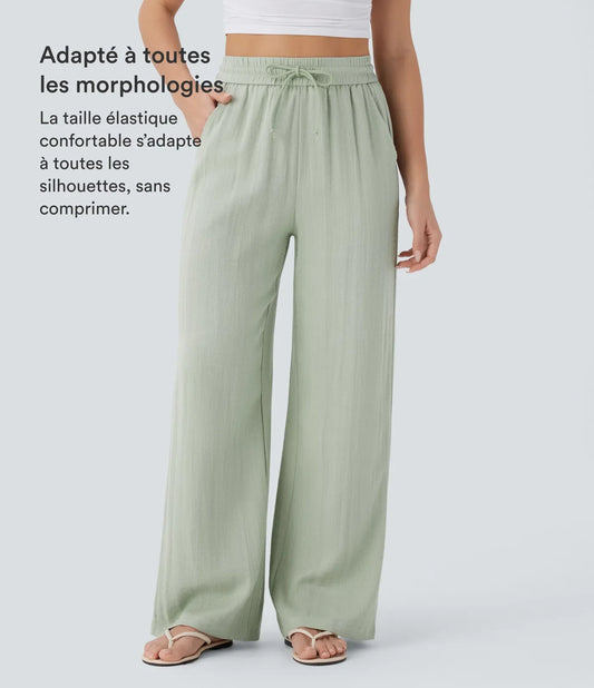 Pantalon fluide taille haute coupe large, effet lin premium avec cordon ajustable et poches discrètes
