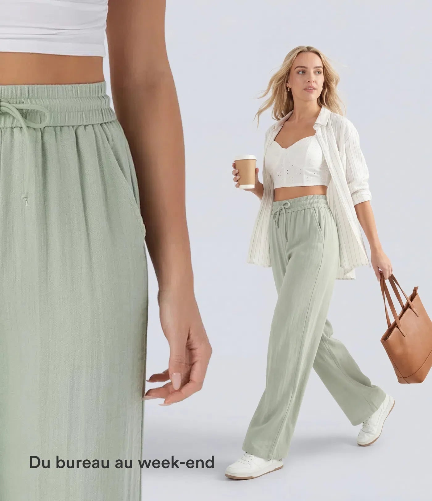 Pantalon fluide taille haute coupe large, effet lin premium avec cordon ajustable et poches discrètes