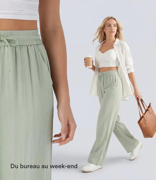 Pantalon fluide taille haute coupe large, effet lin premium avec cordon ajustable et poches discrètes