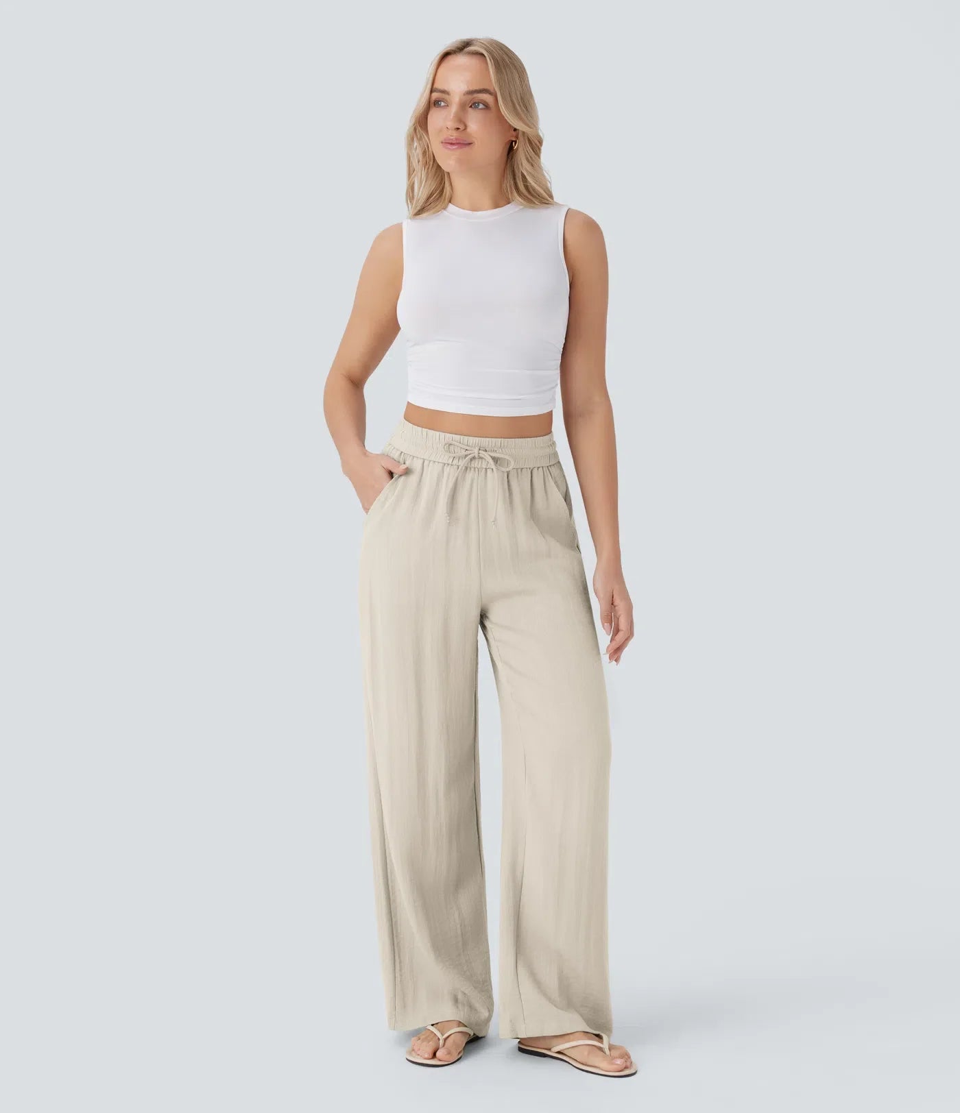 Pantalon fluide taille haute coupe large, effet lin premium avec cordon ajustable et poches discrètes
