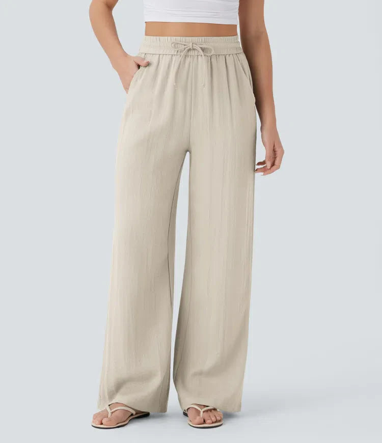 Pantalon fluide taille haute coupe large, effet lin premium avec cordon ajustable et poches discrètes