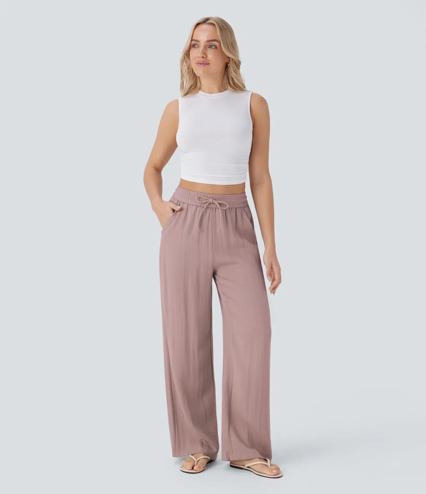 Pantalon fluide taille haute coupe large, effet lin premium avec cordon ajustable et poches discrètes