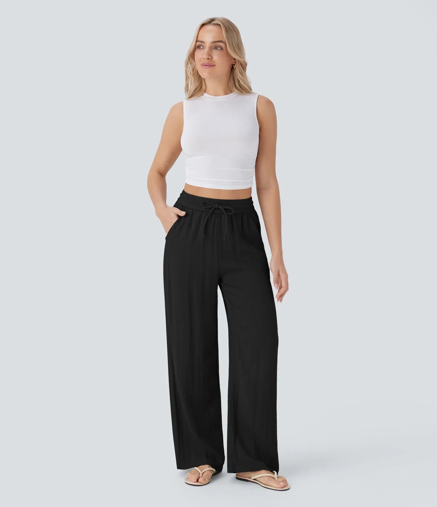 Pantalon fluide taille haute coupe large, effet lin premium avec cordon ajustable et poches discrètes