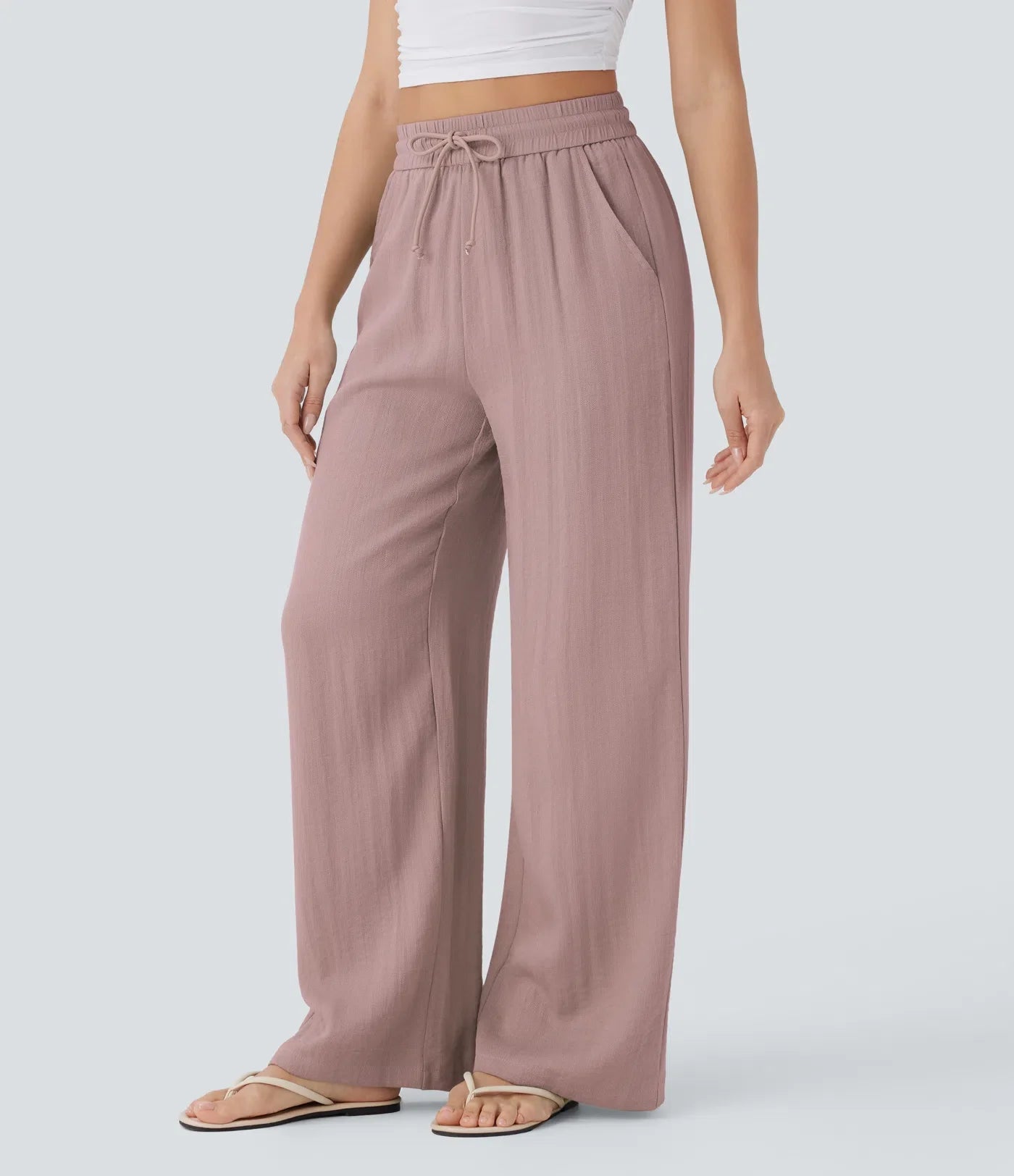 Pantalon fluide taille haute coupe large, effet lin premium avec cordon ajustable et poches discrètes
