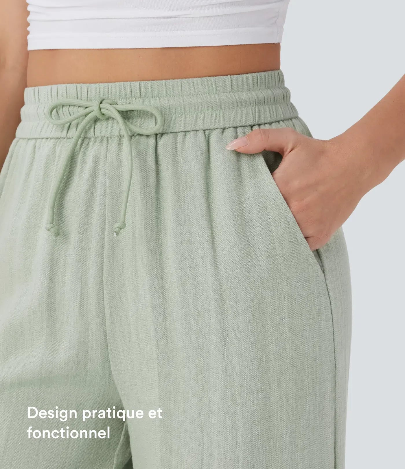 Pantalon fluide taille haute coupe large, effet lin premium avec cordon ajustable et poches discrètes