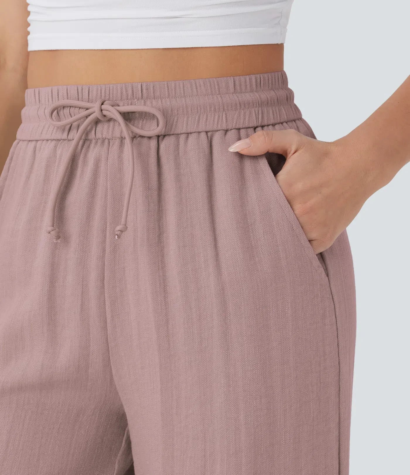 Pantalon fluide taille haute coupe large, effet lin premium avec cordon ajustable et poches discrètes