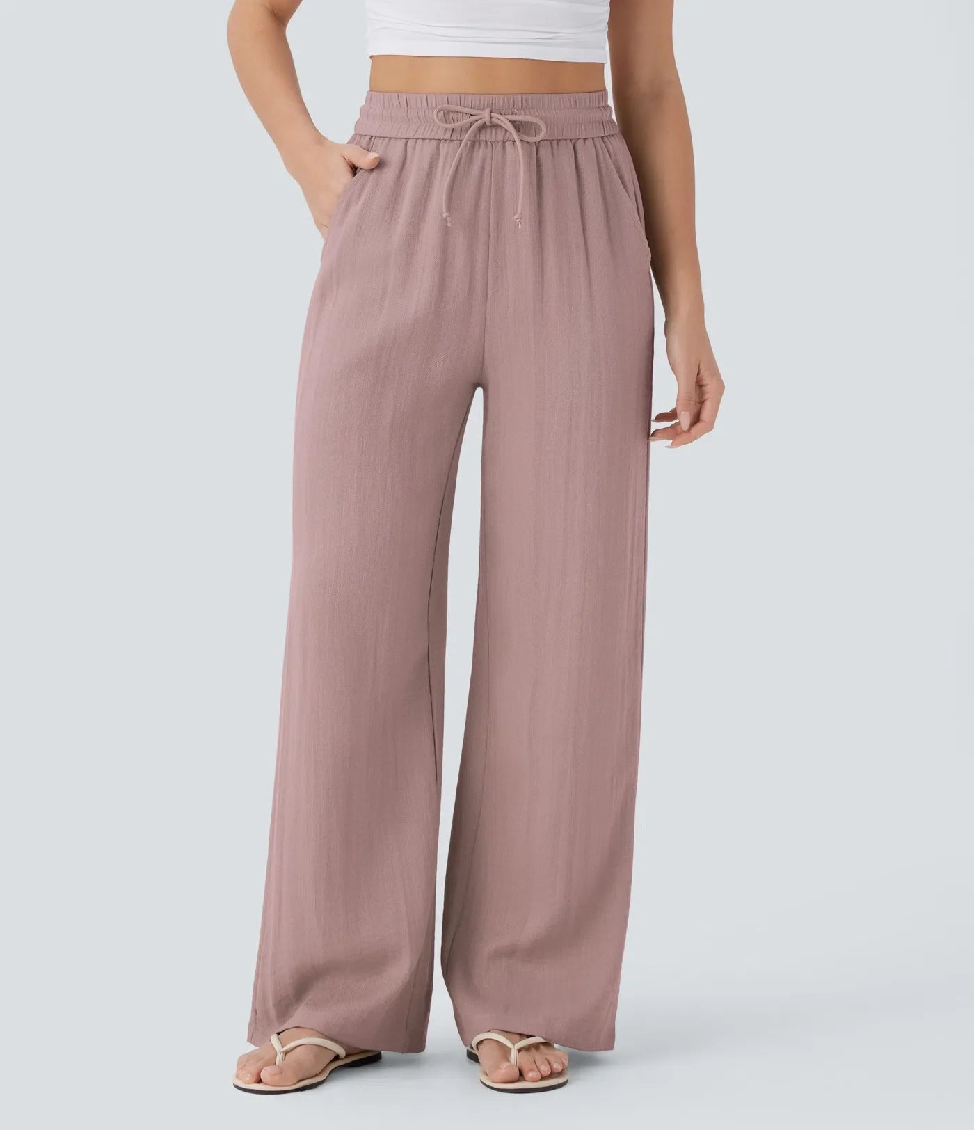 Pantalon fluide taille haute coupe large, effet lin premium avec cordon ajustable et poches discrètes