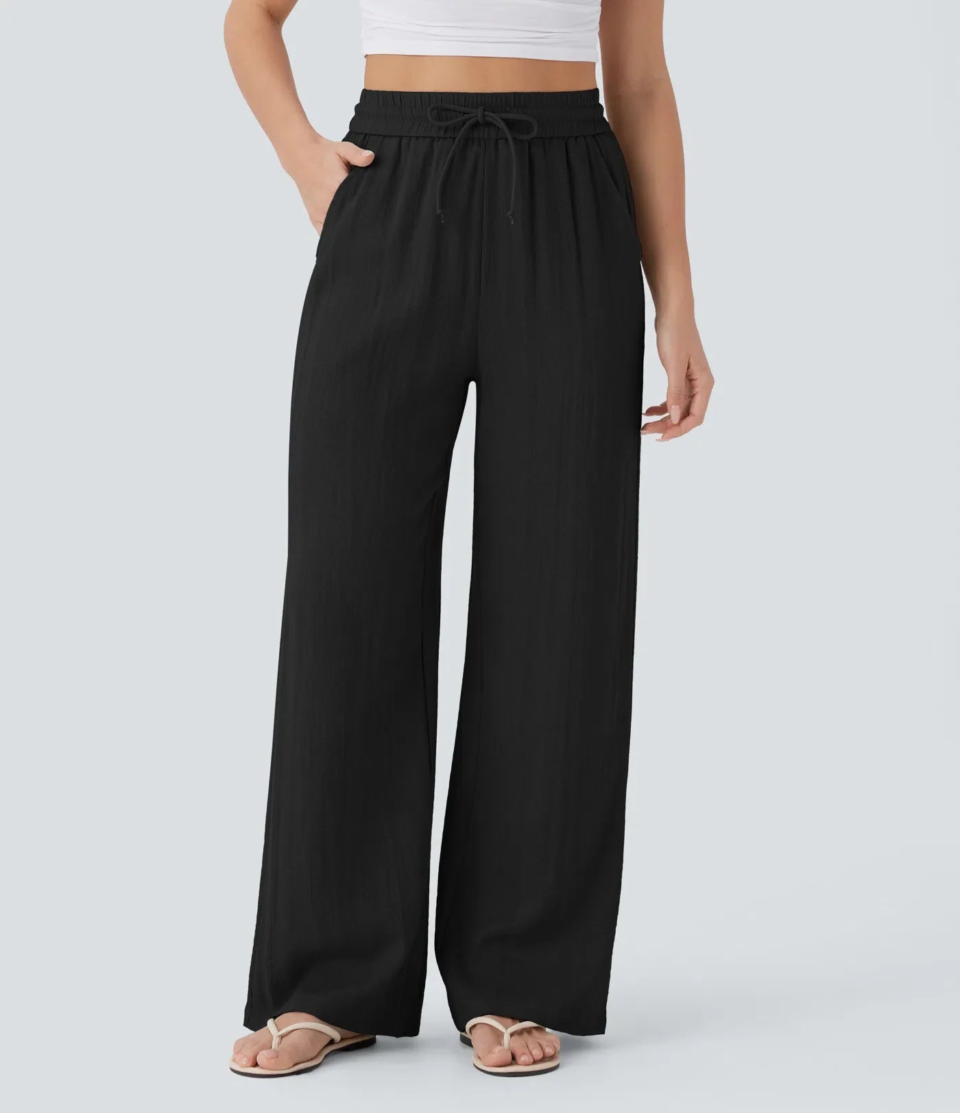 Pantalon fluide taille haute coupe large, effet lin premium avec cordon ajustable et poches discrètes