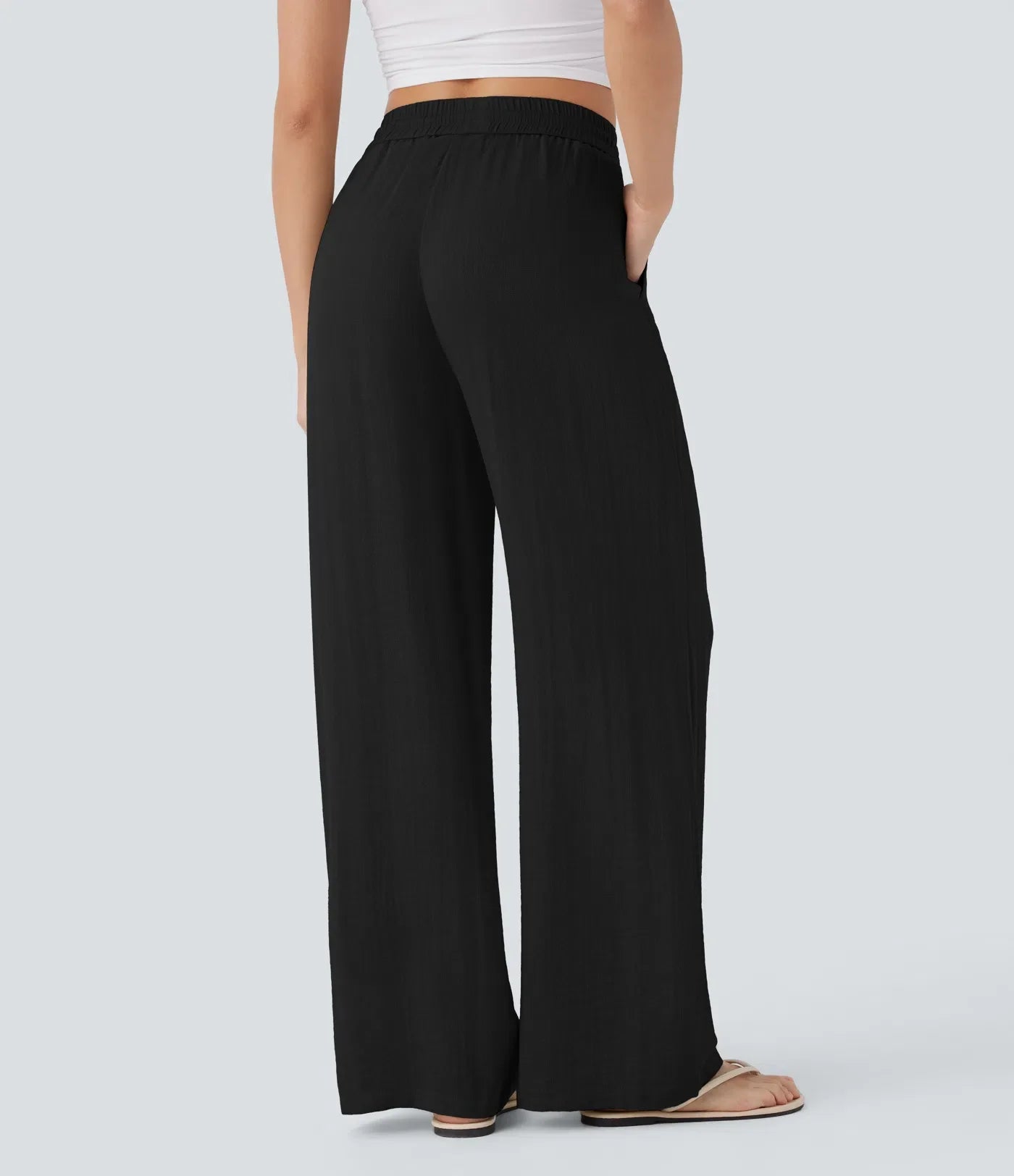 Pantalon fluide taille haute coupe large, effet lin premium avec cordon ajustable et poches discrètes