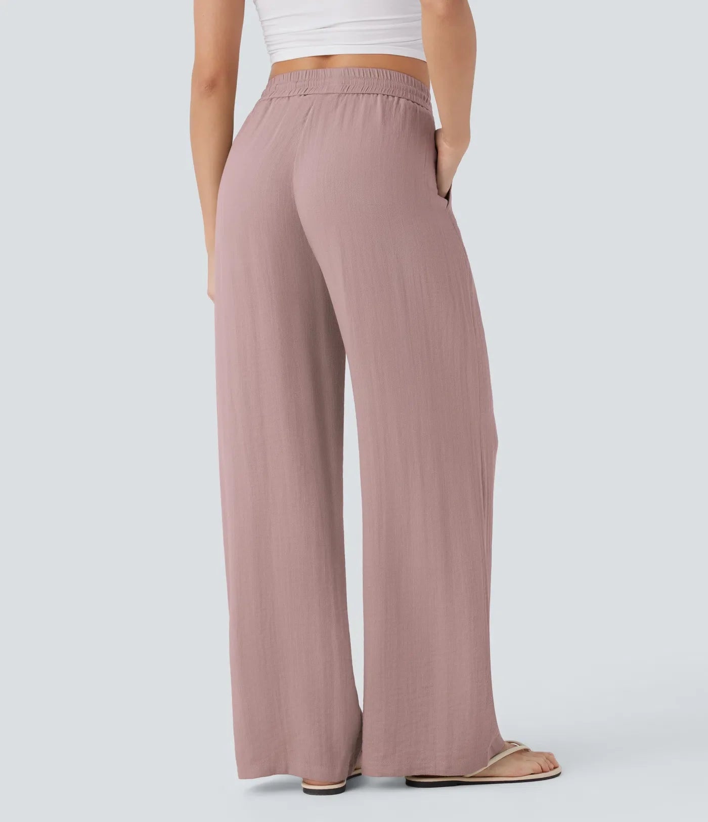 Pantalon fluide taille haute coupe large, effet lin premium avec cordon ajustable et poches discrètes